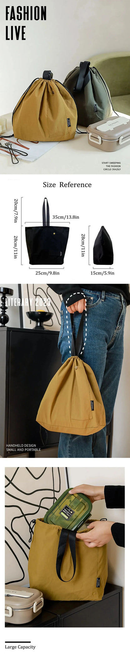 Japanese Korean Lunch Bag Cotton Canvas Large Solid Color Drawstring Portable Thermal Insulated Picnic Storage Bento Box Bag Beauty World Shop