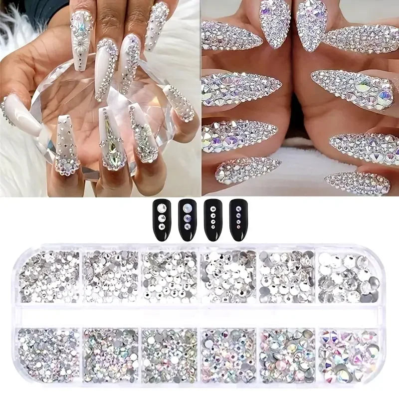 Boxed 3D Flat Back Nail Rhinestones Nail Gems Glass AB & Clear Crystal Rhinestones Kit Nail Art Charms DIY Manicure Accessories Beauty World Shop