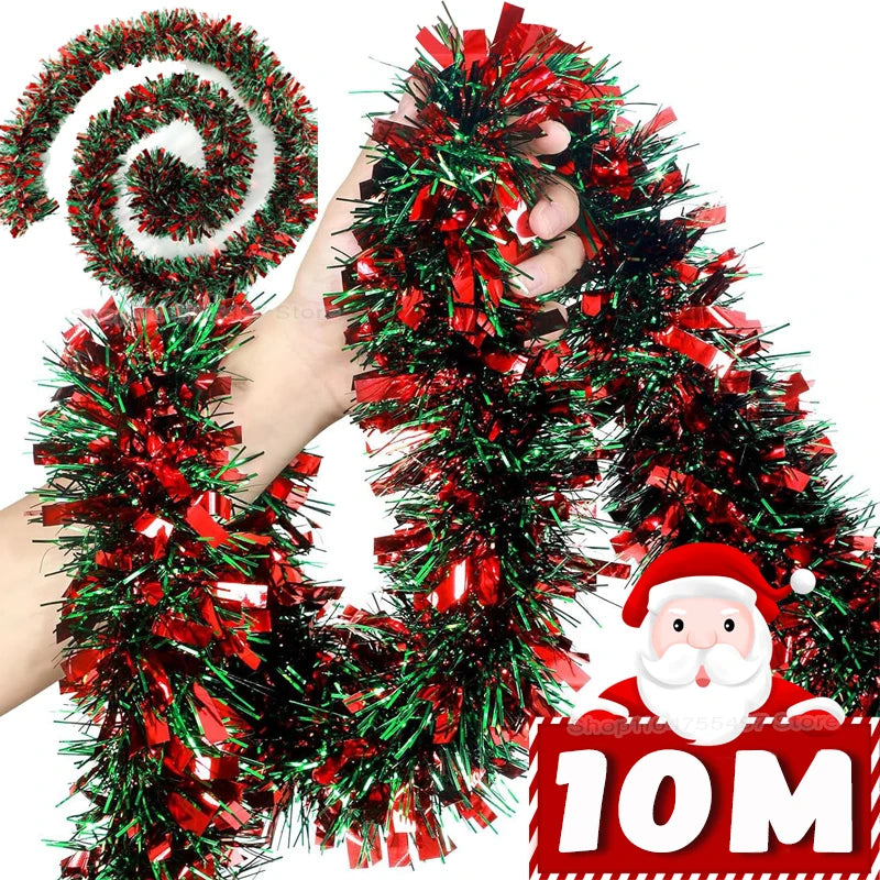 Christmas Tinsel Garlands Decoration Bar Tops 2/10M Red Green Wreath Xmas Tree Ornaments Party Home Staircase Decor Pendant Prop Beauty World Shop