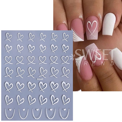 3pcs Valentine's Day Nail Art Stickers 3D Black White Pink Lines Love Heart Nail Decals DIY Adhesive Slider Manicure Decorations Beauty World Shop