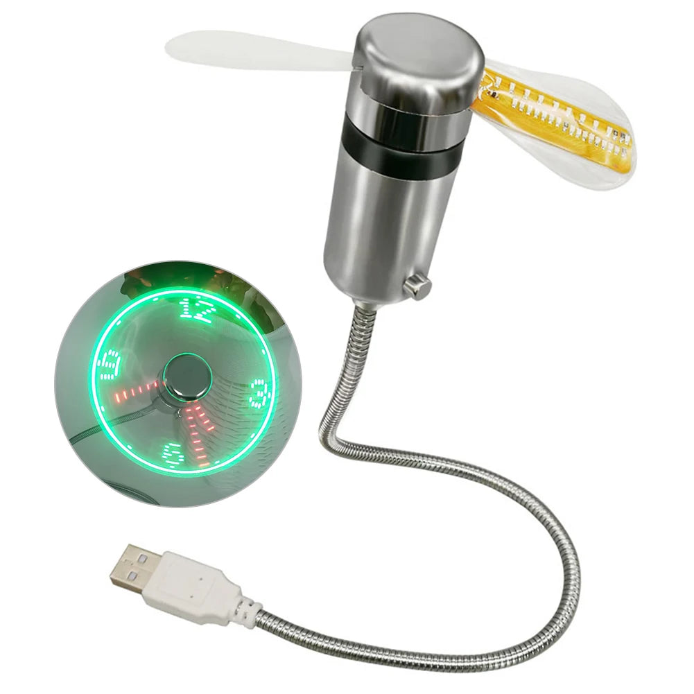 Portable Clock Fan RGB LED Night light 5V USB Hand Fan Real Time Temperature Display Metal Mini Fan for PC Laptop Desktop Cooler Beauty World Shop