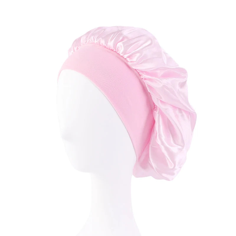 New Women's Satin Solid Wide-brimmed Sleeping Hat Unisex Head Wrap Elastic Band Cap Hair Care Bonnet Night Hat bonnet de nuit Beauty Fashion