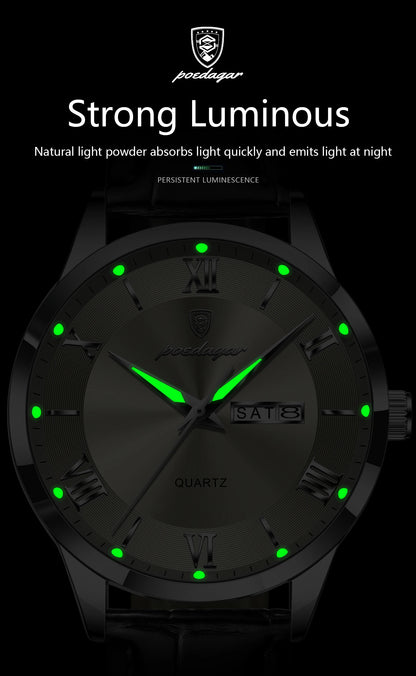 POEDAGAR Business Brand Men Clock Waterproof Luminous Date Week Fashion Man Wristwatch Leather Luxury Men's Quartz Watches Reloj Beauty World Shop