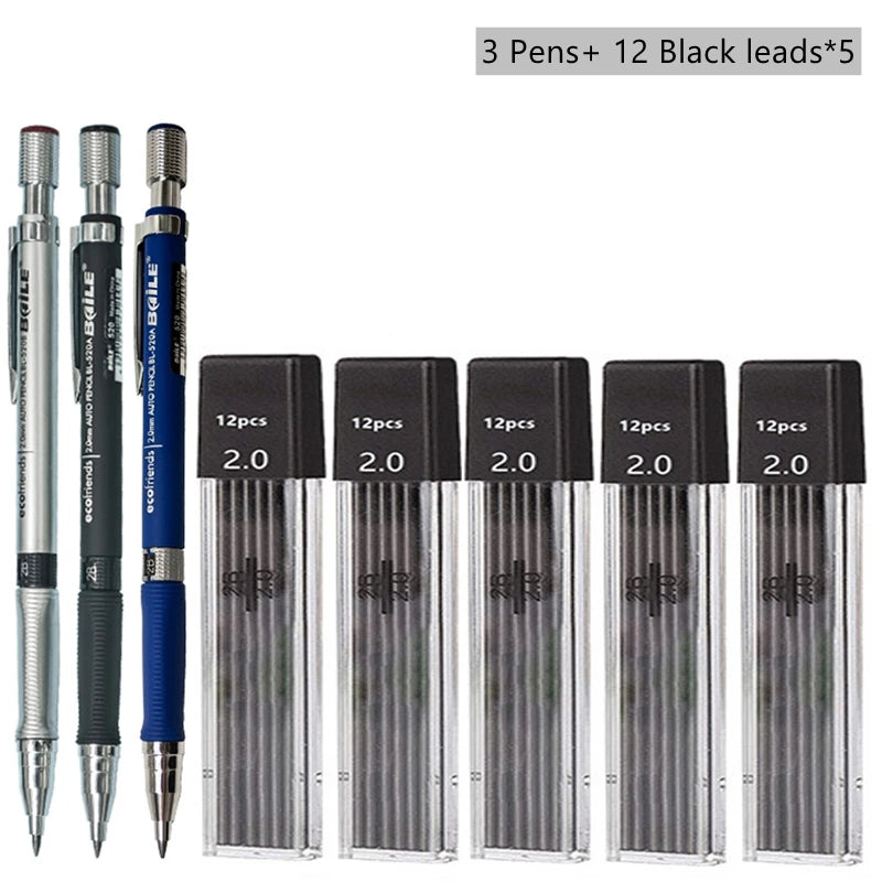 Mechanical Pencil Set 2.0 mm with 2B Black/Colors Lead Refill For Writing Sketching Art Drawing Painting School Automatic Pencil Beauty World Shop