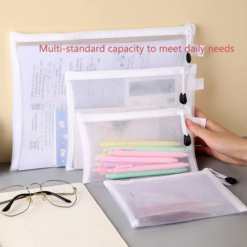 3pcs/Set Transparent Document Bag Mesh Zipper Information Bag Small Fresh Large Capacity Stationery Bag Beauty World Shop