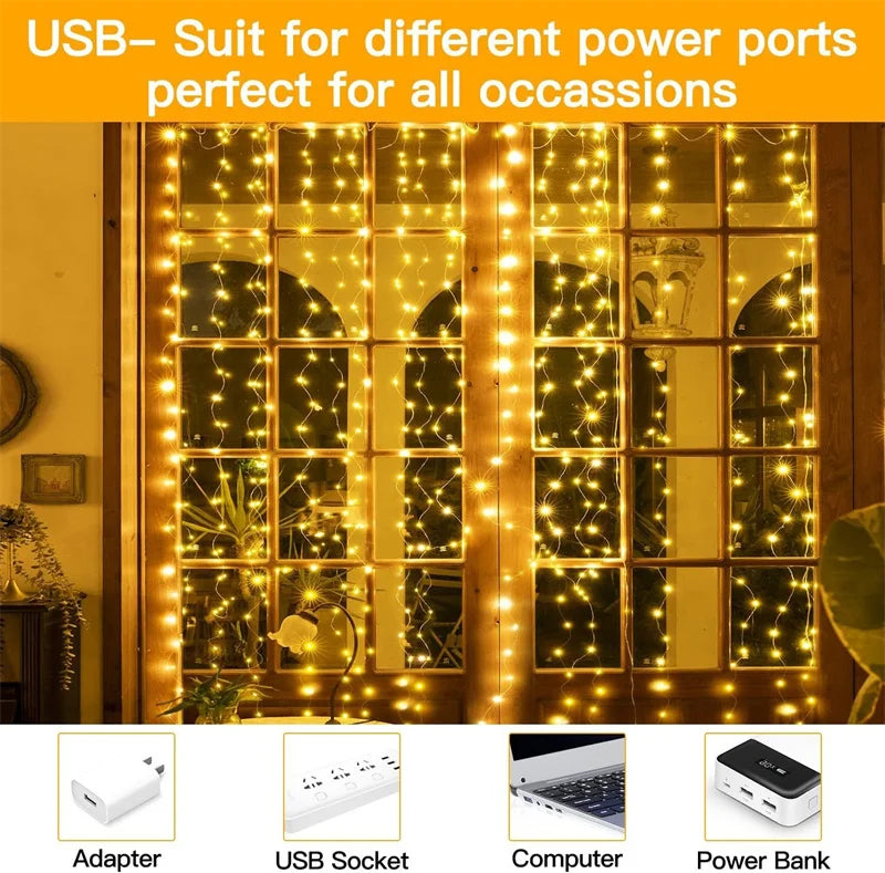 Christmas Lights LED Fairy String Curtain Lights 8 Mode Remote USB Festoon Christmas Decor For Home Holiday New Year Lamp Beauty Fashion