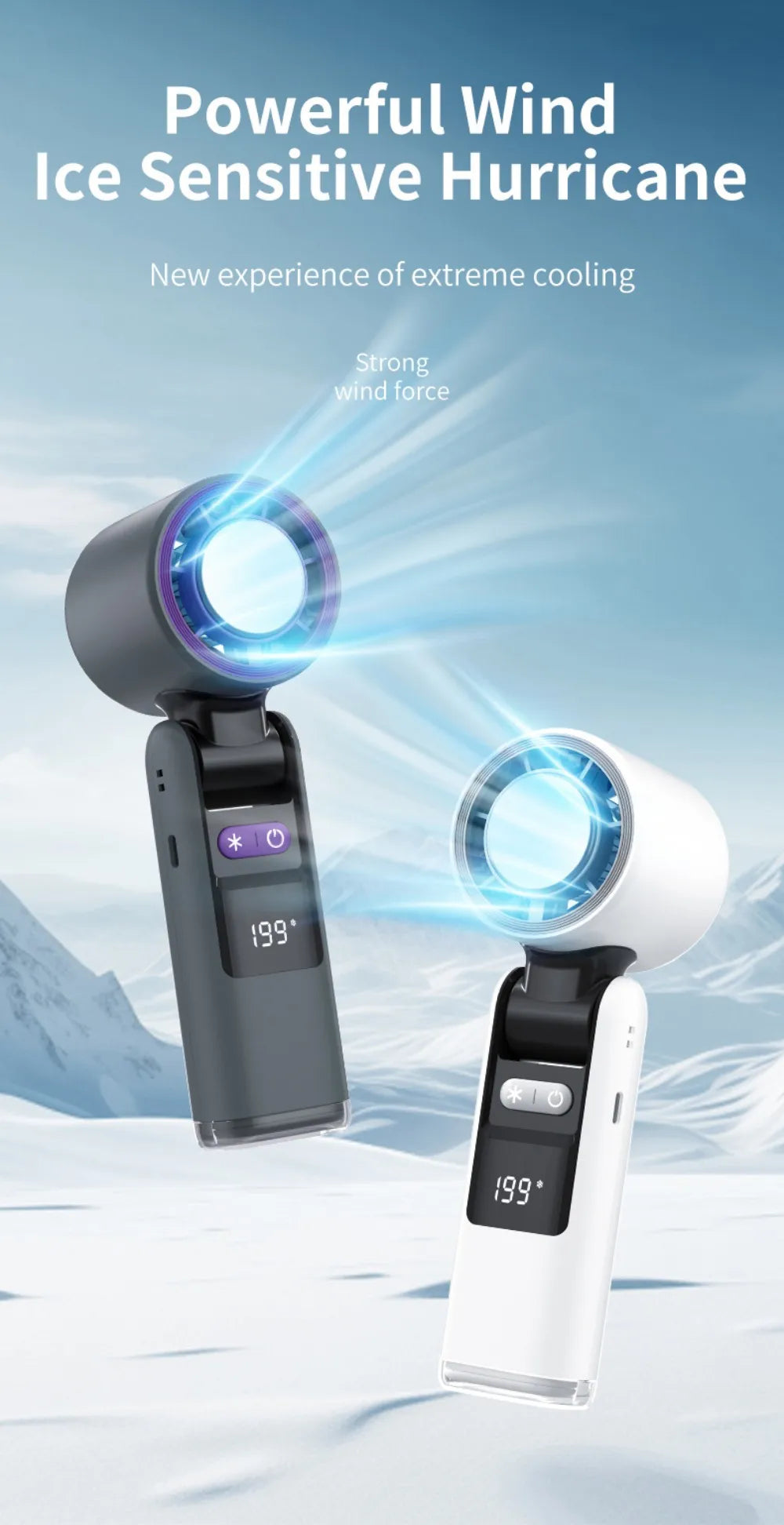 Handheld Portable Fan with Ice Cooler 4000mAh Rechargeable Pocket Fans Foldable Design LED Display 1-199-Speed Wind Cooling Fan