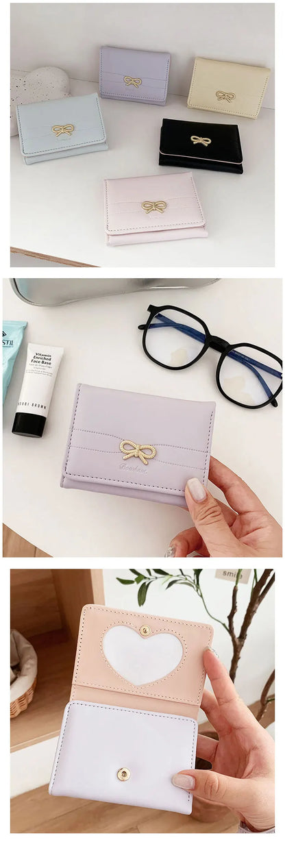 Fashion Wallets Girls Cute Bow Small Wallet Aesthetic Card Holder Classic Three Fold Purse For Women Student Simple Coin Pouch Beauty World Shop