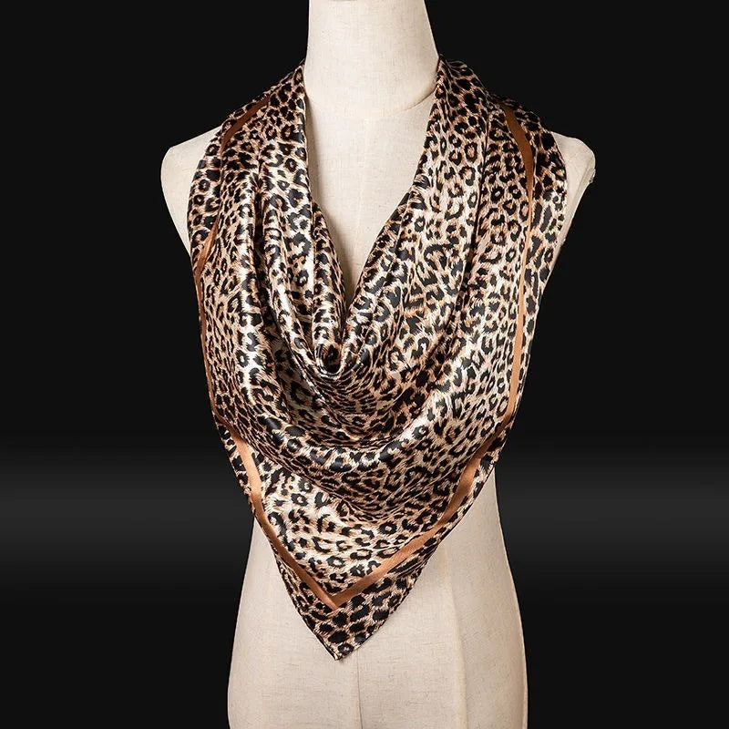 90cm Leopard Print Satin-Finish Scarf - Lightweight Simulated Silk Square for Women Spring Summer Versatile Chic Beauty World Shop