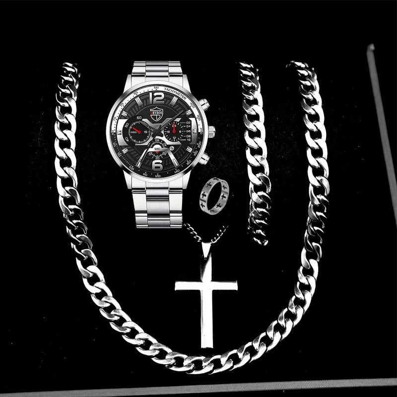 5PCS Set DEYROS Fashion Mens Calendar Watches Men Business Stainless Steel Quartz Wristwatch Male Casual Necklace Bracelet Watch Beauty World Shop