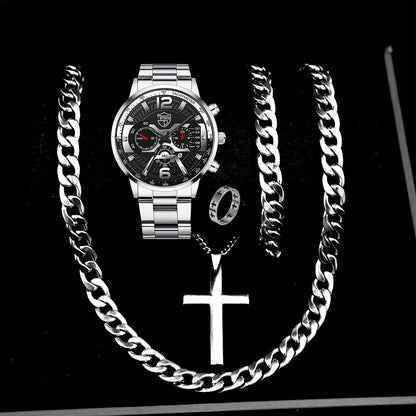 5PCS Set DEYROS Fashion Mens Calendar Watches Men Business Stainless Steel Quartz Wristwatch Male Casual Necklace Bracelet Watch Beauty World Shop