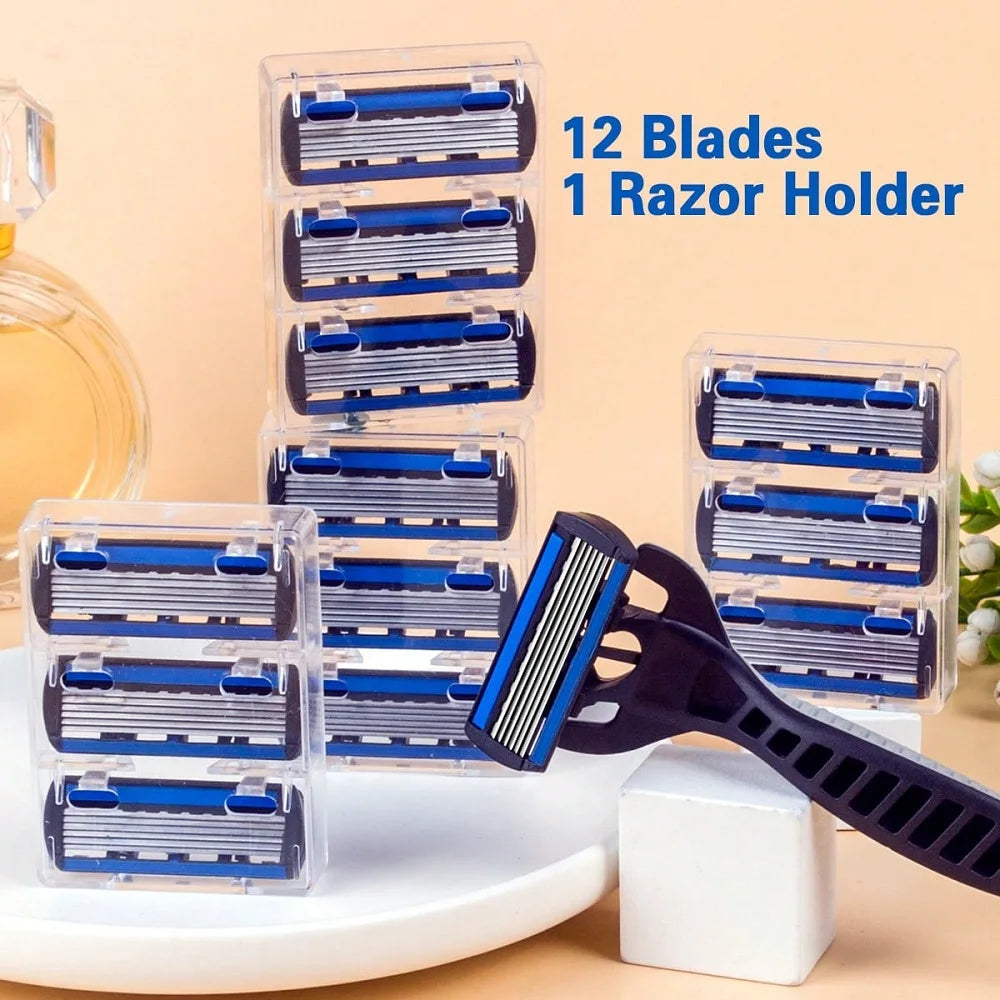 1 Handle + 12 / 17 Blades/ Men Women Manual Safety razor 6-Layer Stainless Steel Hair Removal Shaving Replaceable Shaver Head Beauty World Shop