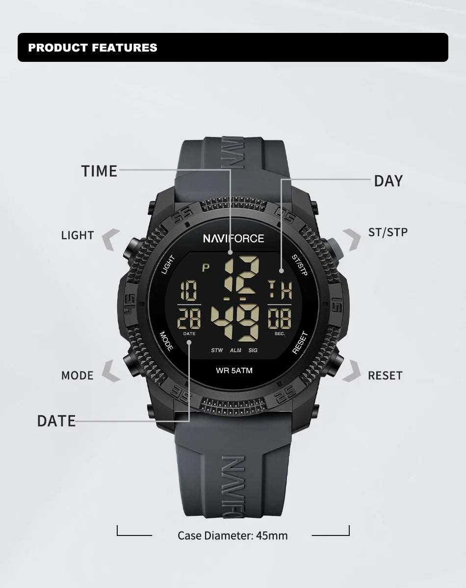 NAVIFORCE 7104 Sports Men's LCD Digital Leisure Date Week Alarm Clock Waterproof Silicone Strap Electronic Watch électronique Beauty World Shop
