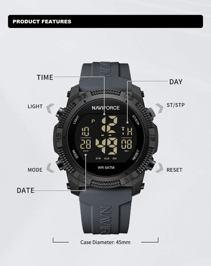NAVIFORCE 7104 Sports Men's LCD Digital Leisure Date Week Alarm Clock Waterproof Silicone Strap Electronic Watch électronique Beauty World Shop