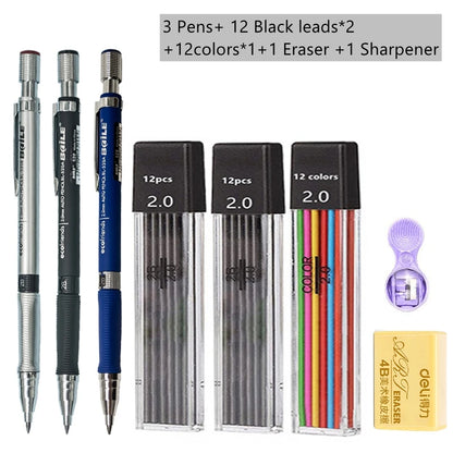 Mechanical Pencil Set 2.0 mm with 2B Black/Colors Lead Refill For Writing Sketching Art Drawing Painting School Automatic Pencil Beauty World Shop