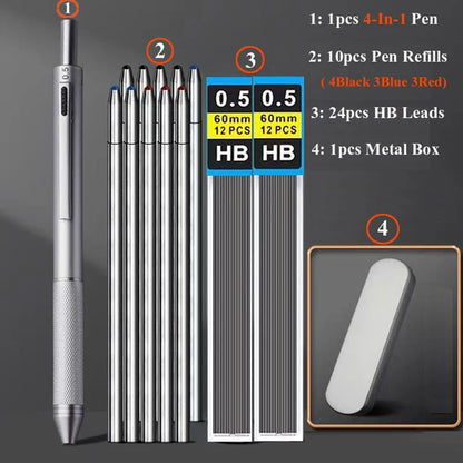 Multifunctional 4-color-in-one gravity-sensing pen metal ballpoint pen/Mechanical Pencil,Black/Red/Blue Ink Oil Signing canetas Beauty World Shop