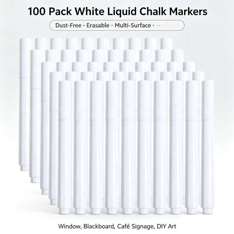 Liquid Chalk Erasable Pen 3-100Pcs White Marker for Glass Windows Blackboard Chalkboard Whiteboard Marker Drawing Chalk Pens Beauty World Shop