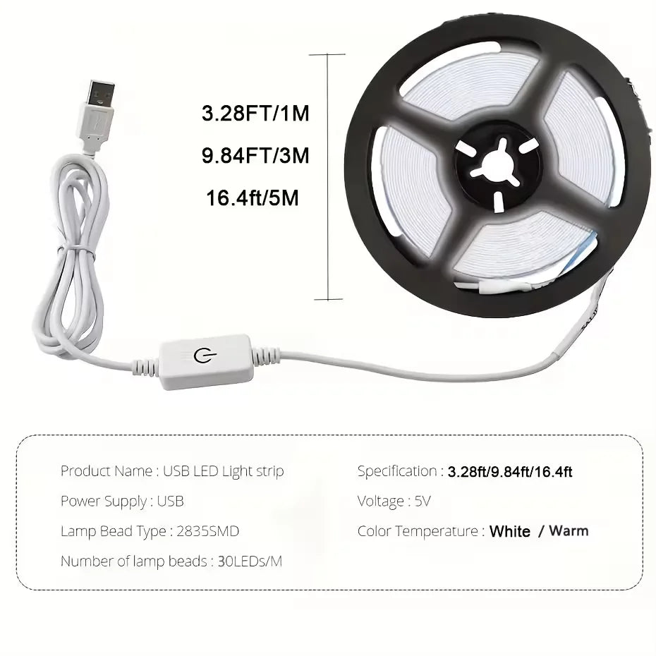 5V 2835 LED Strip Light Touch Sensor Switch Dimmable USB Flexible LED Tape Ribbon Light For Mirror Cabinet Stair Decor Lighting Beauty World Shop