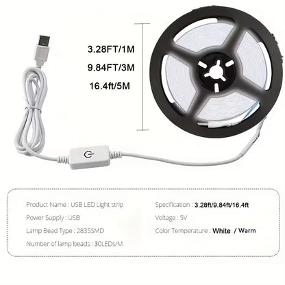 5V 2835 LED Strip Light Touch Sensor Switch Dimmable USB Flexible LED Tape Ribbon Light For Mirror Cabinet Stair Decor Lighting Beauty World Shop