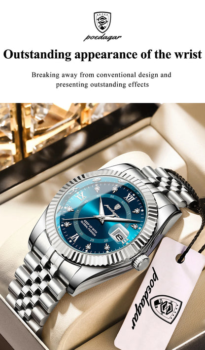 POEDAGAR Original Men Wristwatch Waterproof Luminous Date Business Man Clock Stainless Steel Quartz Military Men's Watches Reloj Beauty World Shop