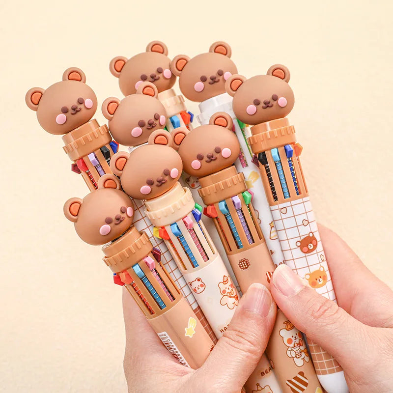 10 Colors Ballpoint Pen Cartoon Bear 0.5mm Colorful Ink Gel Pens Silicone Kawaii Pens School Office Supplies Korean Stationery Beauty World Shop