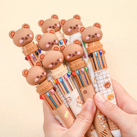 10 Colors Ballpoint Pen Cartoon Bear 0.5mm Colorful Ink Gel Pens Silicone Kawaii Pens School Office Supplies Korean Stationery Beauty World Shop