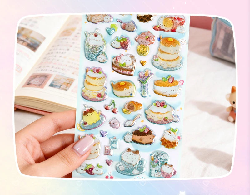 3 pcs/6 pcs Sweet Candy Pets Cat Coffee Cakes Flash Puffy 3D Stickers Scrapbooking Diy Diary Stationery Stickers School Supplies Beauty World Shop