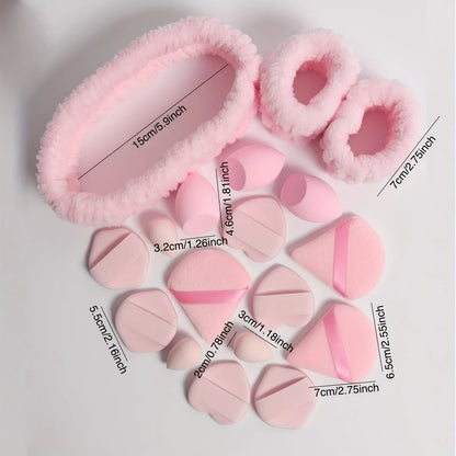 18 piece headband set. 1 hair band & 2 wrist bands & 3 make-up Sponges & 3 Mini Square Air Cushions & 3 triangular powder puff & Beauty World Shop
