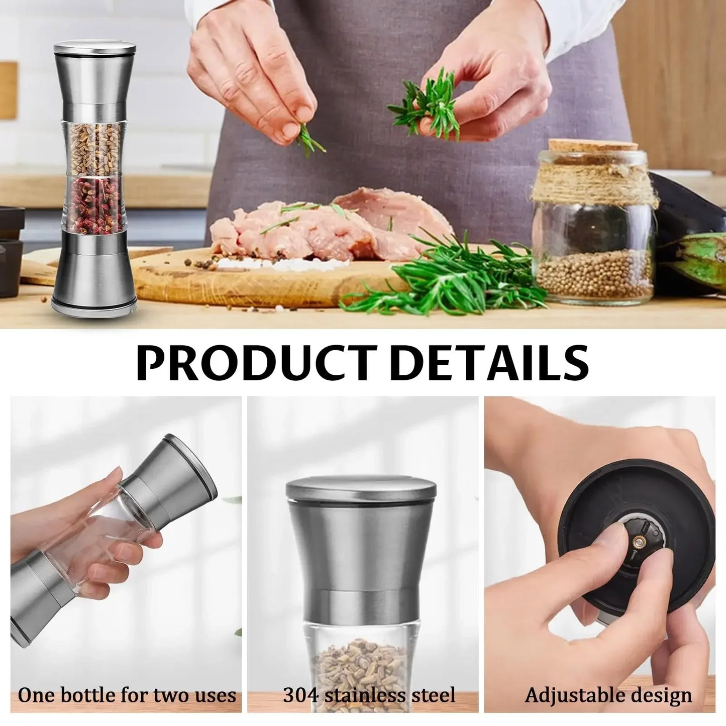 2-in-1 Adjustable Pepper Salt Grinder - Rustproof Stainless Steel Manual Mill with Double Heads & Coarseness Control Beauty Trend Shop