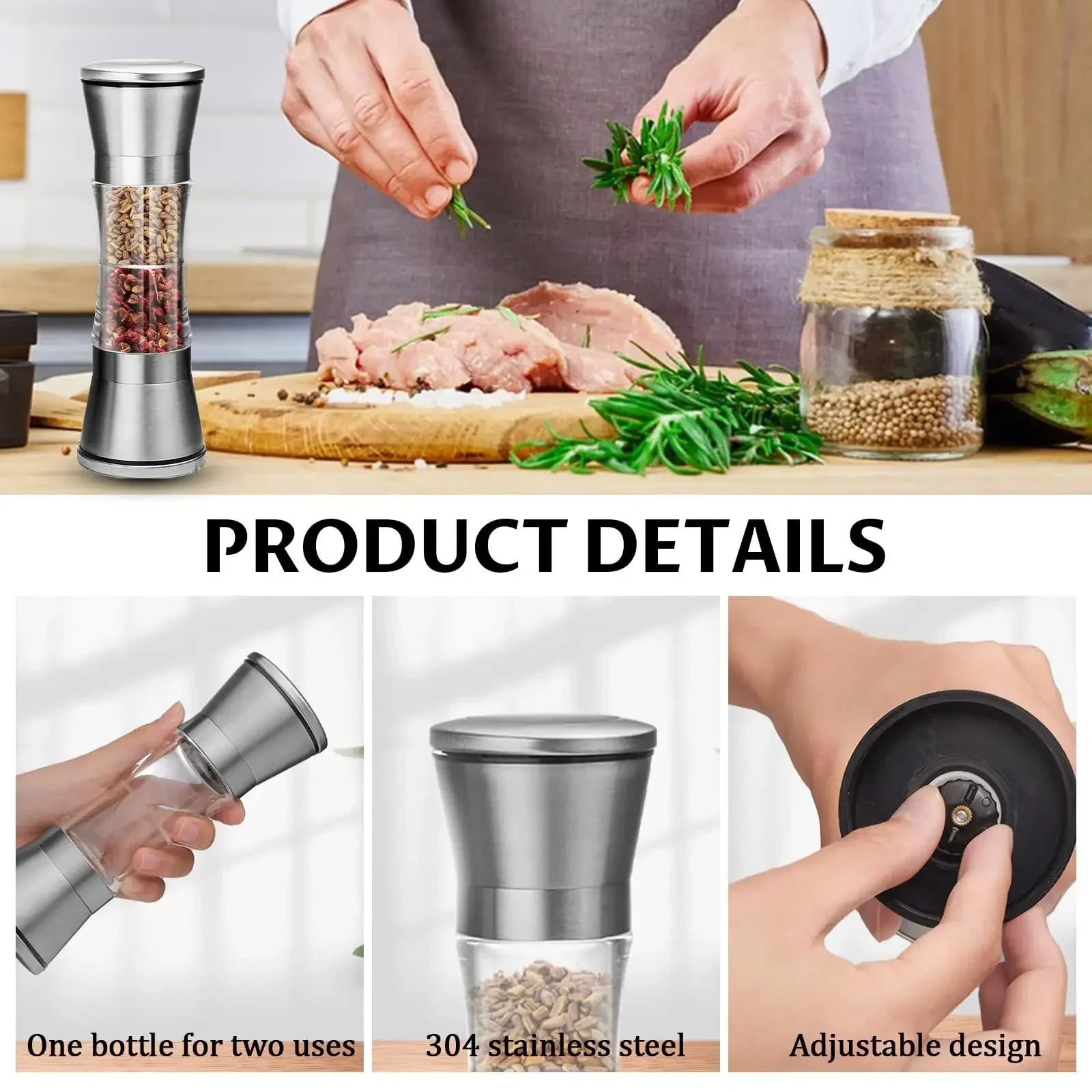 2-in-1 Adjustable Pepper Salt Grinder - Rustproof Stainless Steel Manual Mill with Double Heads & Coarseness Control Beauty Trend Shop
