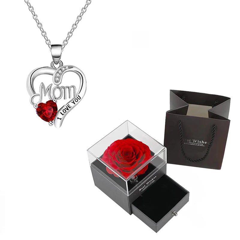Luxury Red Zircon Pendant Necklaces With Rose Flower Gift Box For Girlfriend Women I Love You Gifts 2024 Trendy Wedding Jewelry Beauty World Shop