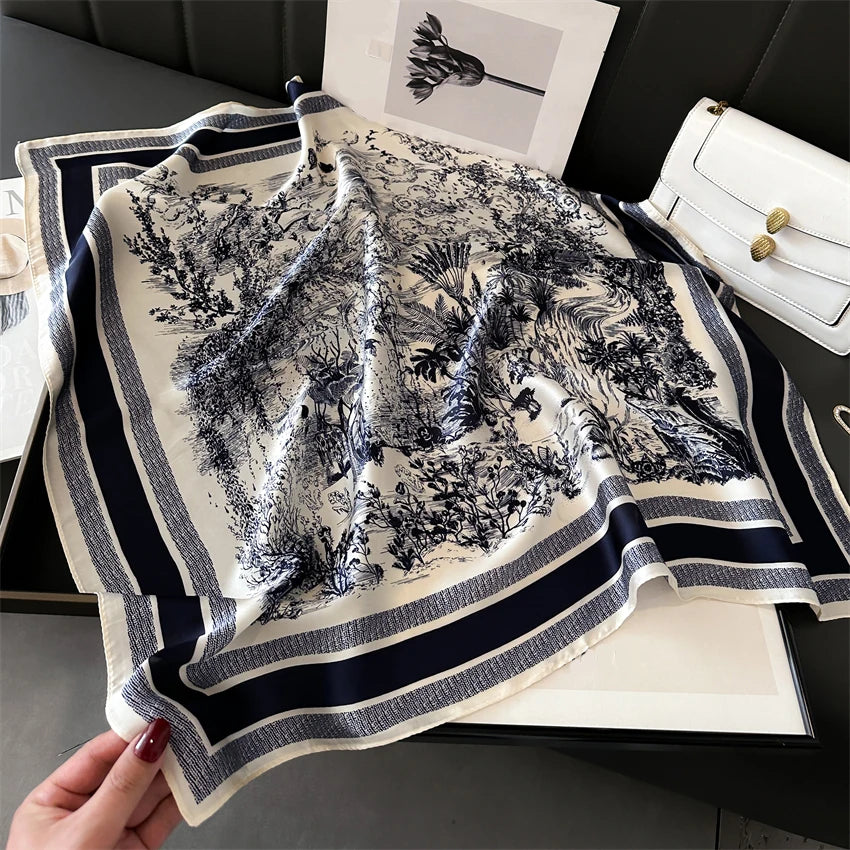 Luxury 2024 Silk Print Hair Scarf Women Floral Kerchief Neck Tie Hand Wrist Foulard Shawl Wraps Head Hijab Bandana Echarpe Beauty World Shop