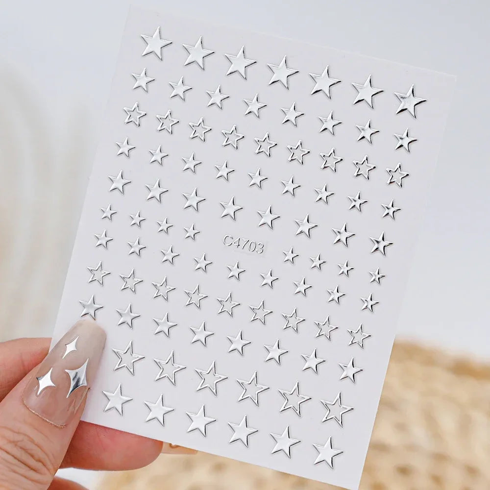 6 Sheets Metal Silver Nail Stickers Metallic 3D Star Nail Art Stickers Decals Self-Adhesive Nail Art Stickers Metal Chain Heart Beauty World Shop