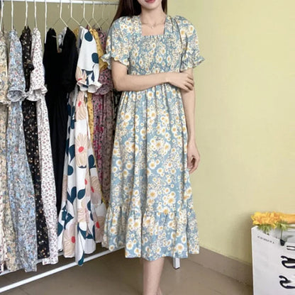 Spring Summer Elastic Waist Chiffon Dress Women Casual Dresses Fashion Female  Vestidos Short Sleeve Pleated A-line Dresses Beauty World Shop