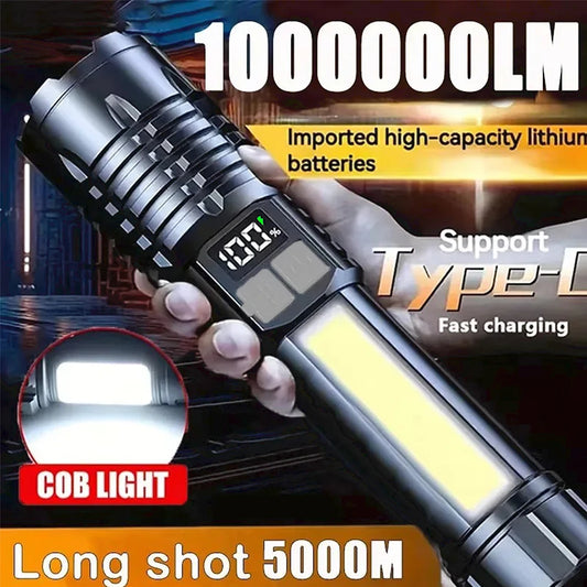 High Power LED Flashlight Powerful TYPE-C Rechargeable COB Flashlight With Side Light Torch For Outdoor Camping Hiking Beauty World Shop