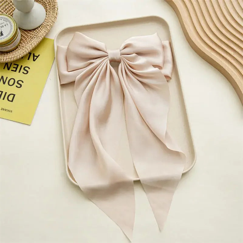 Korean Accessories Hair Clips for Women Girls Big Bowknot Solid Satin Long Ribbon Bows Spring Clamp Barette Cheveux Femme 2023 Beauty World Shop