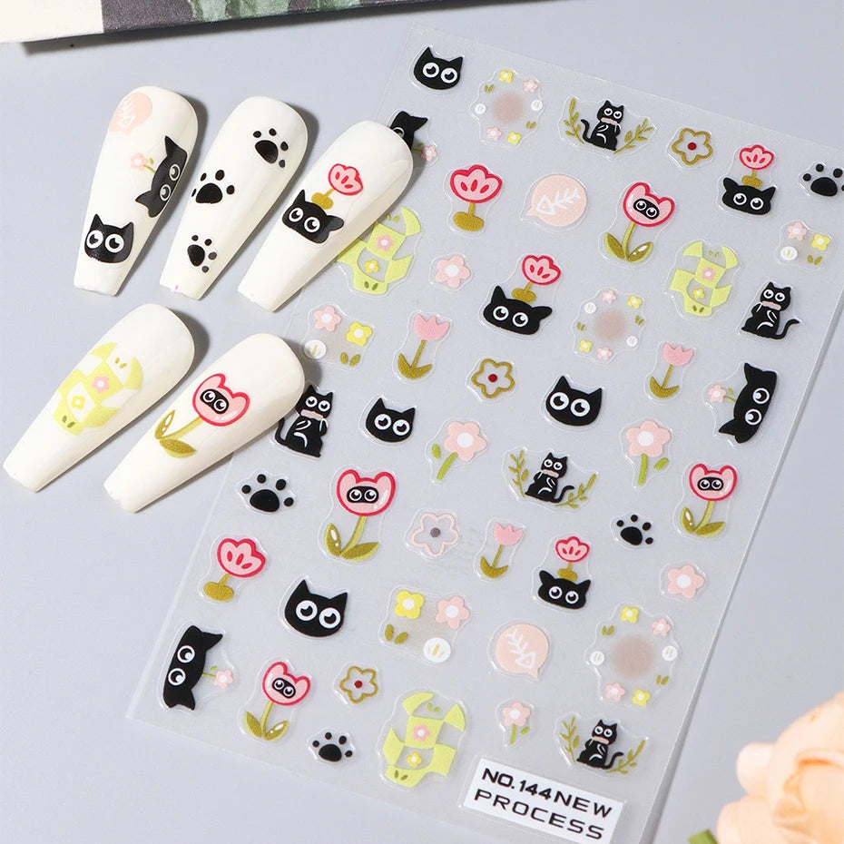 2pcs Black Cat Nail Stickers 3D Cute Cartoon Animal 3D Self-Adhesive Nail Art Decals Sliders Decorations Manicure Accessories Beauty World Shop