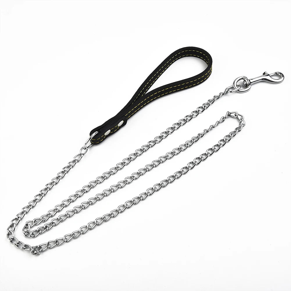 Metal Chain Dog Lead With Leather Style Handle Strong Control Leash Iron Dog Pets Supplies Collars Harnesses Beauty World Shop