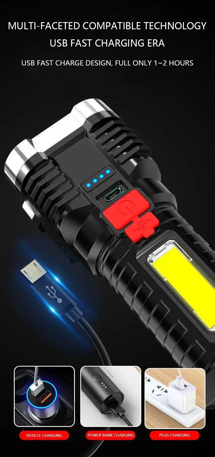 5LED High Power Led Flashlights Rechargeable Camping Spotlight with Side Light 3 Lighting Modes for Camping Adventure Outdoor Beauty World Shop