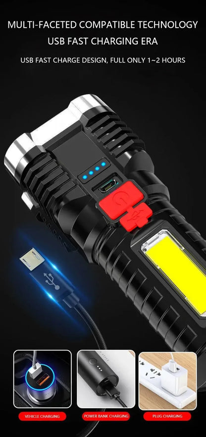 5LED High Power Led Flashlights Rechargeable Camping Spotlight with Side Light 3 Lighting Modes for Camping Adventure Outdoor Beauty World Shop