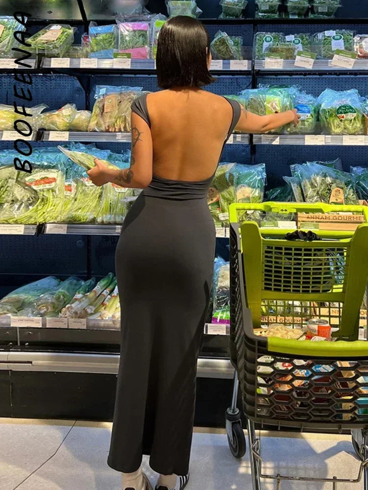 BOOFEENAA Short Sleeve Backless Long Dresses Sexy Outfits for Women Clothes Basics Casual Bodycon Grey Black Dress C71-BH23 Beauty World Shop