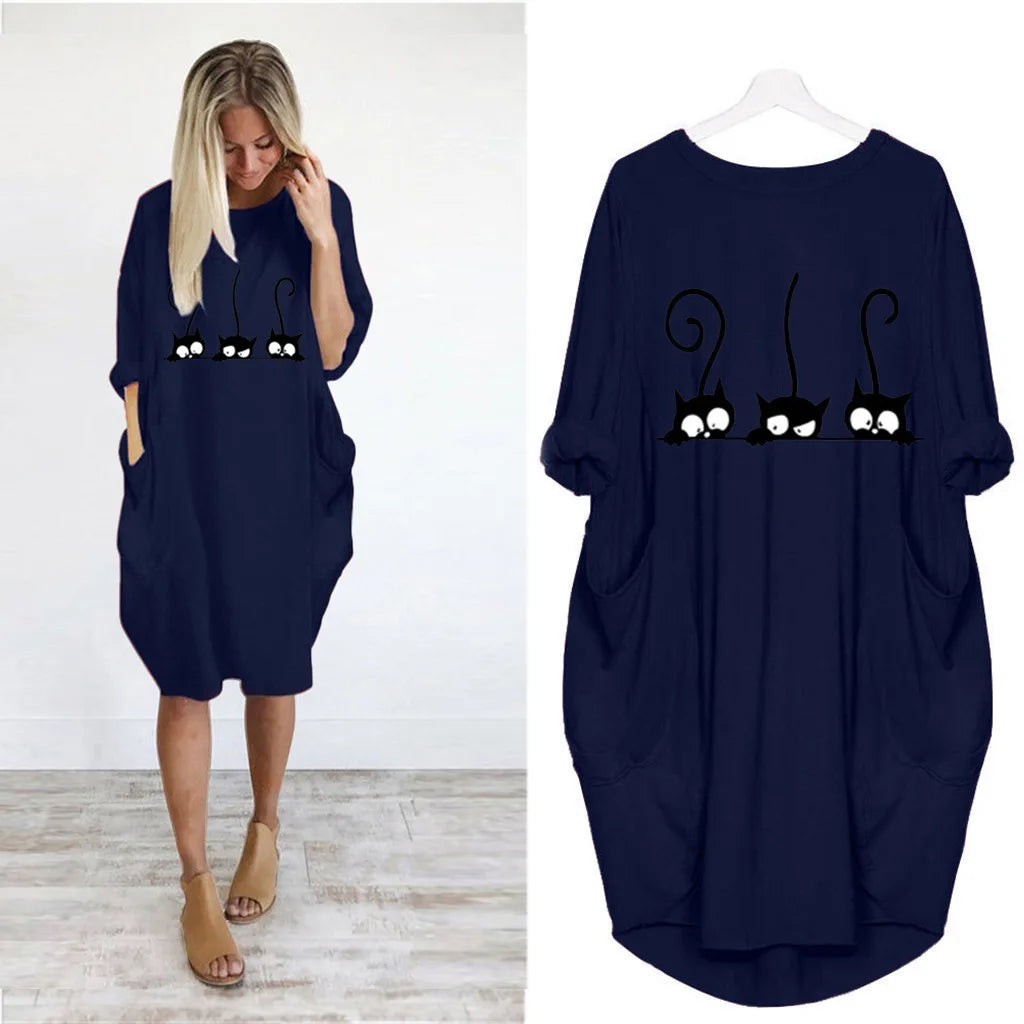 Women's Loose  Long Sleeved Summer Plus Size Dress Autumn  Winter Casual Round Neck Solid Color Long Sleeve Pocket Loose Pullove Beauty World Shop