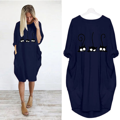 Women's Loose  Long Sleeved Summer Plus Size Dress Autumn  Winter Casual Round Neck Solid Color Long Sleeve Pocket Loose Pullove Beauty World Shop