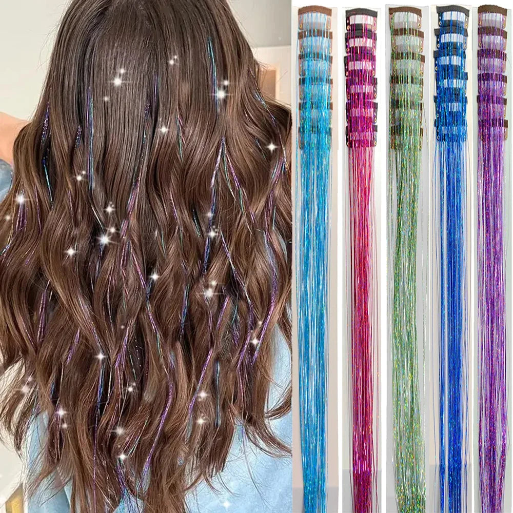 20 Inch Glitter Tinsel Hair Extensions with Clips In, 6Pcs/Set Synthetic Clip in Sparkle Fairy Hair Accessories for Women Kids Beauty World Shop