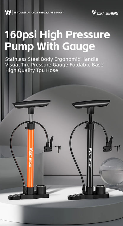 WEST BIKING 160PSI Bike Pump With Gauge Portable Stainless Steel Bike Pump Schrader Presta Valve Inflator Bike Accessories Beauty World Shop