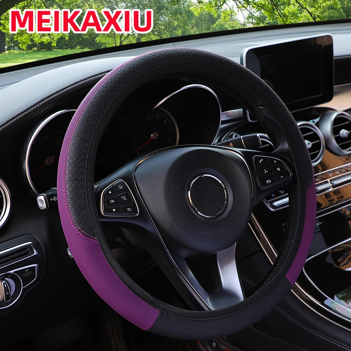 PU leather checkered embossed multi-color car rimless steering wheel cover suitable for 14.5 - 15 inch car interior accessories Beauty World Shop