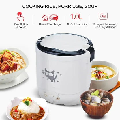 Electric Mini Rice Cooker Portable MultiCooker Household Rice Cookers 12V 24V 220V Pot Cooking Machine Pans For Car Truck Home Beauty World Shop