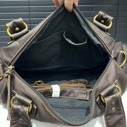 Y2K Hot Girl Single Shoulder Crossbody Bag Vintage Washed Leather Motorcycle Bag Large Capacity Multi Pocket Bag Beauty World Shop