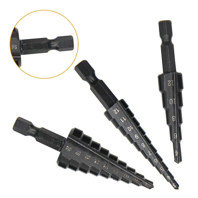 3pc Black Hexagonal Shank Straight Slot Ladder Drill Bit Reaming and Hole Opening Blackened Pagoda Drill Tool Set Beauty Fashion