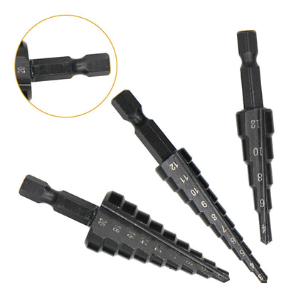 3pc Black Hexagonal Shank Straight Slot Ladder Drill Bit Reaming and Hole Opening Blackened Pagoda Drill Tool Set Beauty Fashion